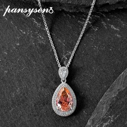 PANSYSEN Luxury 100% 925 Sterling Silver 914MM 10CT Pear Cut Padparadscha Gemstone Wedding Pendant Necklace Women Fine Jewelry 240305