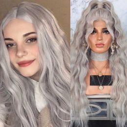 Hair Wigs Sliver Grey Synthetic Wig Natural Hairline Water Wave Long Hair Lace Front Wigs Women Cosplay Glueless Makeup Use Hair 240306