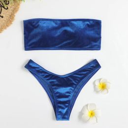 Set Velvet Bikinis 2023 Women Brazilian Bandeau Swimsuit Solid Sexy Swimwear Female Beachwear Bathers Bathing Swimming Swim Suit