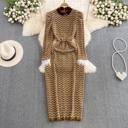 Casual Dresses 2024 Winter Striped Hit Colour Knitted Midi Dress French Women Stand Collar Feather Long Sleeve Bodycon Thick Warm Vestidos