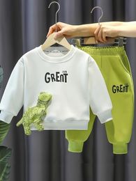 Autumn Baby Girl Boy Clothes Set Children Cartoon Dinosaur Sweater Pullover Top and Pant 2 Pieces Suit Letter Outfit Tracksuit 240226