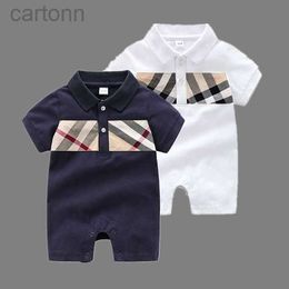 Footies High quality Baby Rompers baby boys plaid jumpsuits toddler kids lapel short sleeve cotton climb clothes fashion newborn lattice Bodysuit 3 models 240306