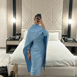 Sheath Tea Length Mother Of The Bride Dresses with Cape Sky Blue Elegant Arabic Dubai Wedding Guest Dress For Women 2024 Groom Mom Prom Evening Formal Party Gown