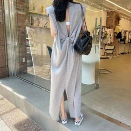 Dress Summer Loose Shoulder Pad Cut Out Backless Sleeveless Vest Dress Women Casual Vestidos Midi Grey Tshirt Lady