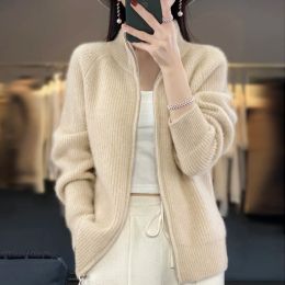 Cardigans 100% Pure Wool Zipper Cardigan Padded Shoulder Stand Collar Women's Cashmere Knitted Coat New Lapel Sweater