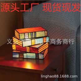 Decorative Objects Figurines New STAINED GLASS STACKED BOOKS LAMP Coloured Resin Stacking Book Light T240306