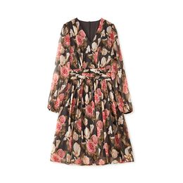 2024 Spring Black Floral Print Dress Long Sleeve V-Neck Knee-Length Casual Dresses W4M053403