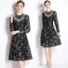 Casual Dresses Quality Good Breathable Gauze Embroidery Nail Bead Bright Golden Black Color Vestidos For Autumn Heavy Lace With Belt