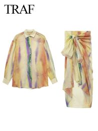 Suits TRAF Woman Tie Dye Skirts Set Long Shirt Women Semi Transparent Button Up Shirt+Tie Dye Pareo Wrap Skirt Women's Skirts