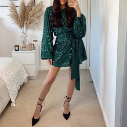 Casual Dresses Women's O-Neck Loose Banquet Mini Spring Fashion Lantern Sleeves Party Dress Elegant Sequin Lace Up Short Vestidos