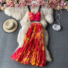 Dresses Women Floral Print Top High Wasist Long Skirt Set Two Pieces Sling Crop Top & Big Swing Skirt Suits Elegant Femme Outfit Vestido