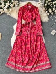 Dresses Autumn Fashion Letters Print Red Vintage Maxi Dress Women Long Sleeve Turn Down Collar Belt Lace Up A Line Party Robe Vestidos