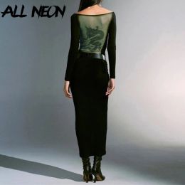 Dress ALLNeon 2000S Aesthestics Dragon Pattern Slim Long Dress Lady Elegant Sexy Back Mesh Bodycon Dresses Chic Fall Outfits Y2K 2023