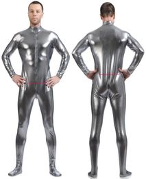 Men039s Body Suit Costumes Front Long Zipper Silver Grey Shiny Lycra Metallic Men Catsuit Costume Outfit No HeadHand Halloween6817201