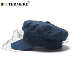 BUTTERMERE Women Newsboy Cap Denim Blue Flat Caps With Veil Ladies Elegant Gatsby Hats Ivy Vintage Autumn Casual Baker Boy Caps214G