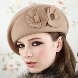 100 wool beret winter felt Floral Women Felt French Beret Beanie fedora hat Winter Flower 240226
