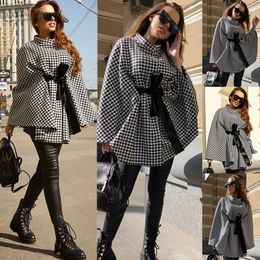 Autumn and winter trendy women's European and American jackets, thousand bird plaid woolen coat, loose lace up cape cape top