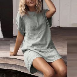 Dress 2024 Spring Cotton Linen Women's Dress Grey Oneck Short Sleeves Loose Dresses Female New Casual Fashion Elegant Ladies Clothes