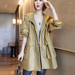 Women's Trench Coats 2024 Spring Autumn Long Women Korean Loose Casual Cargo Hooded Jackets Female Black Pockets Zipper Windbreaker