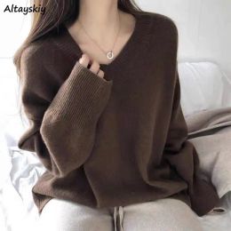 Pullovers Pullovers Women Ulzzang Casual Loose Chic Lazy Solid Colorful Autumn Knitted Sweaters Vneck Allmatch Fashion Ins Simple 3XL