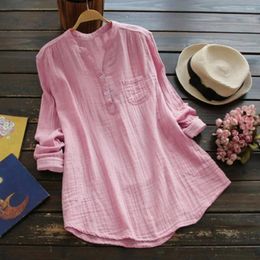 Women's Blouses Woman Shirt Semi-open V Neck Buttons Placket Lady Blouse Casual Long Sleeves Pullover Solid Color Loose T-shirt