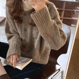 Cardigans Women Sweaters Korean Fashion Casual Autumn Winter Thick O Neck Long Sleeve Cardigan Solid Knitted Tops Loose Outerwear Femme