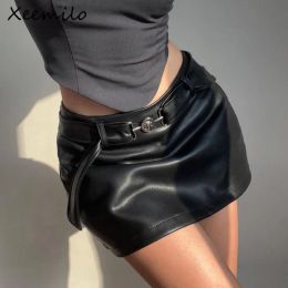 Skirt Xeemilo Chic PU Leather Mini Skirt Aesthetic Vintage Metal Connected Midwaist Hip Skirts Y2K Streetwear Slim Skinny Short Dress