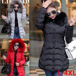 Women's Trench Coats Plus Size L-4XL Women Winter Cotton Padded Jacket Fashion Casual Fur Collar Hooded Warm Slim Coat Outwear
