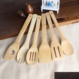 Cooking Utensils Bamboo Spoon Spata 6 Styles Portable Wooden Utensil Kitchen Cooking Turners Slotted Mixing Holder Shovels Fy7604 Drop Dhr2D