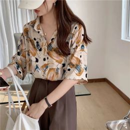 Shirt Vintage Print Chiffon Short Sleeve TShirt Women Clothing Beautiful Blouse Loose Urbane Casual Aesthetic Summer Top 2022 New