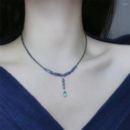Pendants Natural Stone Blue Long Pillar Beads Water Drop Charm Women Necklace Black Rice Beaded Romantic Jewellery Party Clavicle Chain