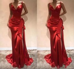 Elegante vermelho longo vestidos de noite 2024 querida sereia formal vestido de baile com fenda varredura trem zíper lateral divisão vestidos de noite cetim arco