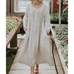 Dress Cotton Linen Round Neck Loose Waist Aline Autumn Female Vintage Solid Colour Pleated Pocket Long Sleeve Middle Length Dresses