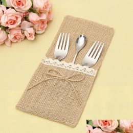 Party Decoration Country Wedding Table Sierware Holder Natural Burlap Cutlery Pockets Fork Knife Bags Rustic Decoration Drop Delivery Dhhnm