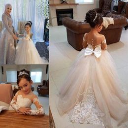 Cheap Flower Girl Dresses For Wedding Sheer Neck Tulle Floor Length Lace Party Gown Junior Bridesmaid Dress For Girls 180b