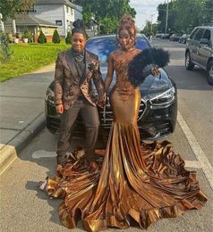 Elegant Brown Satin Mermaid Prom Dresses For Black Girl With Glitter Diamond Crystal Evening Birthday Reception Gowns Robe De Bal