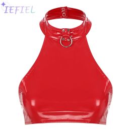 Camis Womens Girl Tshirt Camisole Pole Dancing Costume PVC Glossy Halter Neck Sleeveless TShirts Latex Bralette Bustier Crop Tops