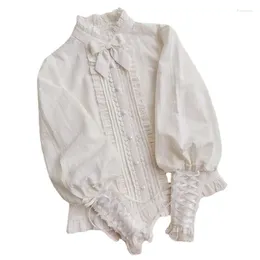 Women's Blouses Cotton Lolita Shirt Lace Ruffle Jacquard Long Gigot Sleeves Women Sweet Button Up Tops Blouse With Bow Tie Elegant White