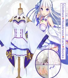 Japanese Anime ReZero Kara Hajimeru Isekai Seikatsu Emilia Adult Female Costume Cosplay Headdress Elf Ears Stylish Trendy Clothes8708335