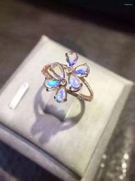 Cluster Rings Natural Blue Light Moonstone Gemstone Flower Shape Women Clear Beads B15x13x11mm Wedding Ring Adjustable Size