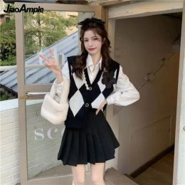 Suits Women's Korean 3 Pcs Skirts Set 2022 Spring Preppy Style Black Flower Knitted Vest White Shirt Mini Pleated Skirt Clothing Suit
