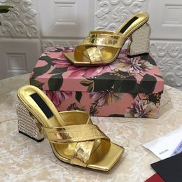 10.5cm Crystal Heels Sandals Designer Slippers Women Shoes Slides Slipper Crocodile Genuine Leather Cross Strap Big Gold Buckle Diamond Heel Square Toe Sandals