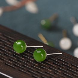 S925 Silver Gold-plated inlay Hetian jade round beads retro minimalist low-key female earrings