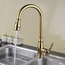 Kitchen Faucets Gold Pull Down Faucet Solid Brass Sink Mixer Tap With Retractable Out Spray Swivel Spout Two Functions