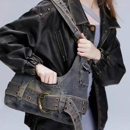 Shopping Bags Women Vintage Denim Punk Shoulder Bag Design Y2k Black Grunge Handbag For Retro Lady Gothic Underarm Motor Style