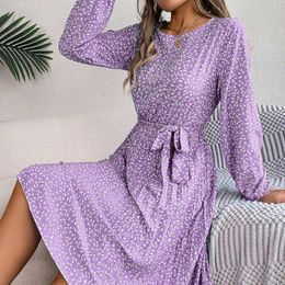 Casual Dresses Summer Floral Printed For Women Spring Fashion O-Neck Long Sleeves Lace Up Pleated Midi Dress Elegant Flowy