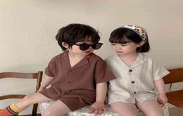 MILANCEL Summer Girls Clothes Vneck Single Breasted Shirt and Linen Shorts 2 Pcs Boys Suit 2108043730727