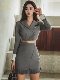 Suits H Han Queen 2023 New Autumn Profession Set Women Colorblocked Suit And High Waist Bodycon Pencil Skirts Korean Office Skirt Suit