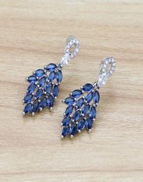 Dangle Chandelier Leaves Shaped 925 Silver Jewellery Blue Cubic Zirconia Drop Earrings For Wedding Women Ear Pin Gifts Box8706428