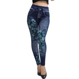 Leggings Seamless Slim Leggings Women Faux Denim Jeans Butterfly Leggings Fitness Workout Pocket Printing Pencil Pants Sports Jeggings